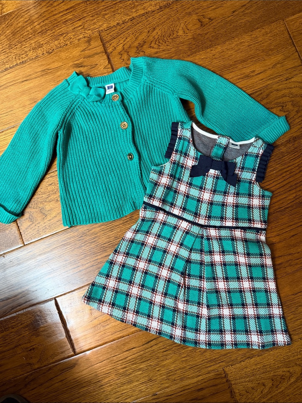 Toddler Plaid Green Dress with Teal Knit Cardigan